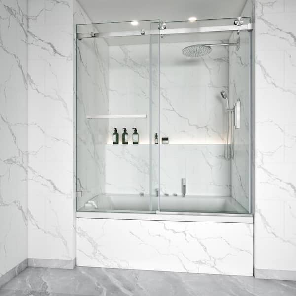 MOHALEN 56-60.5 in. W x 66 in. H Single Sliding Frameless Tub Door in Brushed Nickel with 3/8 in. Clear Tempered Glass