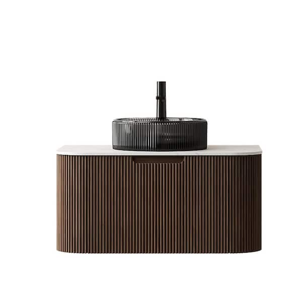 30 in. Wall-Mounted Walnut Bath Vanity with Carrara White Solid Surface Top Pre-Assembled