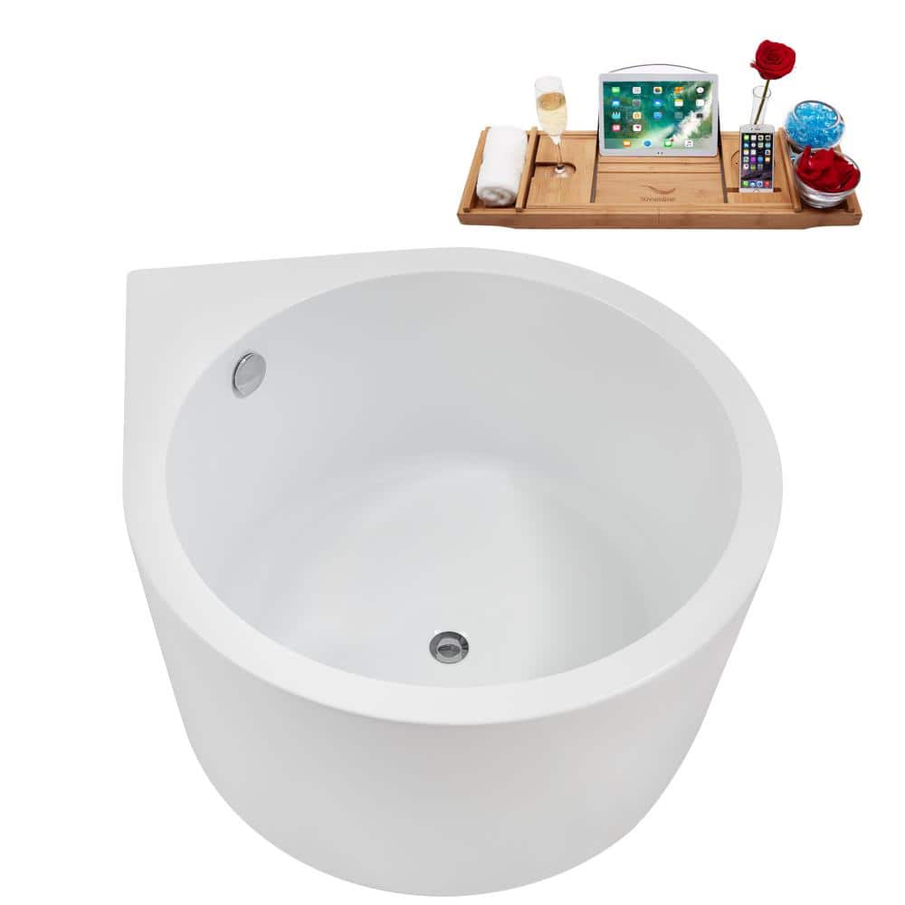47" Glossy White Acrylic Freestanding Soaking Bathtub with Polished Chrome Drain and Bamboo Tray