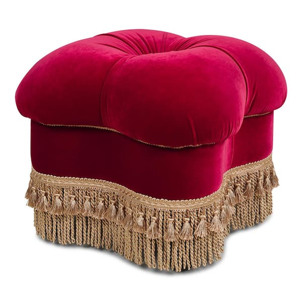 Jennifer Taylor Ellen Siren Red Performance Velvet Clover Ottoman with Gold Bullion Fringe