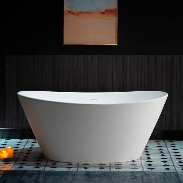 59 in. x 33.5 in. Solid Surface Stone Resin Freestanding Soaking Bathtub With Center Drain in Matte White