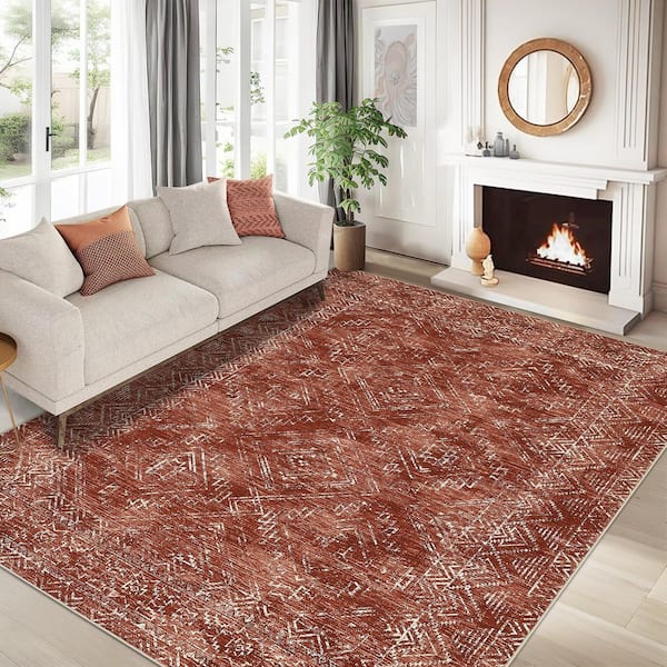 Brick Red 10x13 Washable Printed Folding Rug for Living Room Bedroom Office