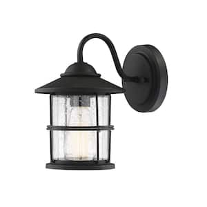 7 in. W x 10 in. H 1-Light Matte Black Hardwired Outdoor Wall Sconce with Clear Seeded Glass Shade