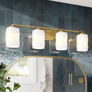 Leavenworth 33 in. 4-Light Brushed Gold Modern Vanity with Etched Opal Ribbed Glass Shades