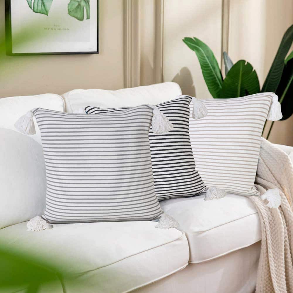 Gray and White Striped Cotton Square Throw Pillow with Tassels