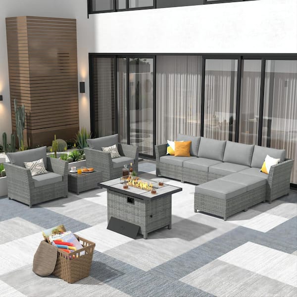 XIZZI Denali Gray 10-Piece Wicker Outerdoor Patio Rectangular Fire Pit Set with Dark Gray Cushions