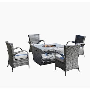 Jones 5-Piece Wicker Patio Dining Set Outdoor Dining Set Gray Rectangle Firepit Table with Cushions