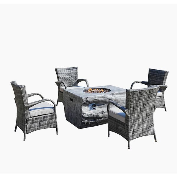 DIRECT WICKER Jones 5-Piece Wicker Patio Dining Set Outdoor Dining Set Gray Rectangle Firepit Table with Cushions