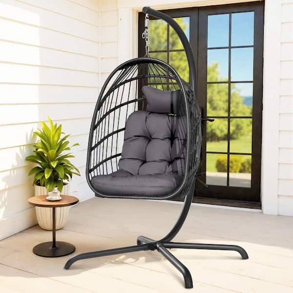 Foldable 350LBS 1-Person Wicker Porch Swing with Gray Body, Dark Gray Cushion without Cover, Egg Chair with Stand