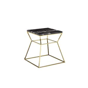 18 in. Black and Gold Square Marble End Table with Open Hourglass Frame