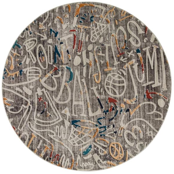 Sportsglyphs 6' Round Gray Abstract Washable Area Rug