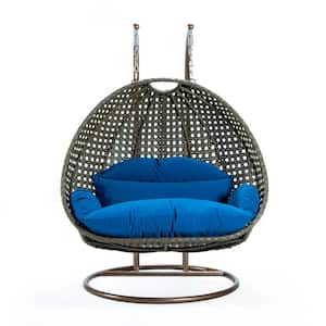Beige Wicker Hanging 2-Person Egg Swing Chair Porch Swing With Blue Cushions