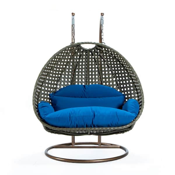 2-Person Egg Swing Chair Beige Wicker Outdoor Patio Hanging Chair with Blue Cushions