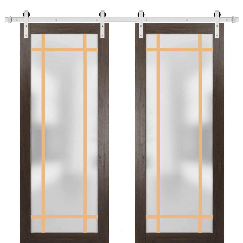 Assemble Required 30 in. x 96 in. 2-Panel Frosted Glass Chocolate Ash Solid Wood Sliding Barn Door with Hardware Kit price history on PriceWatchPro