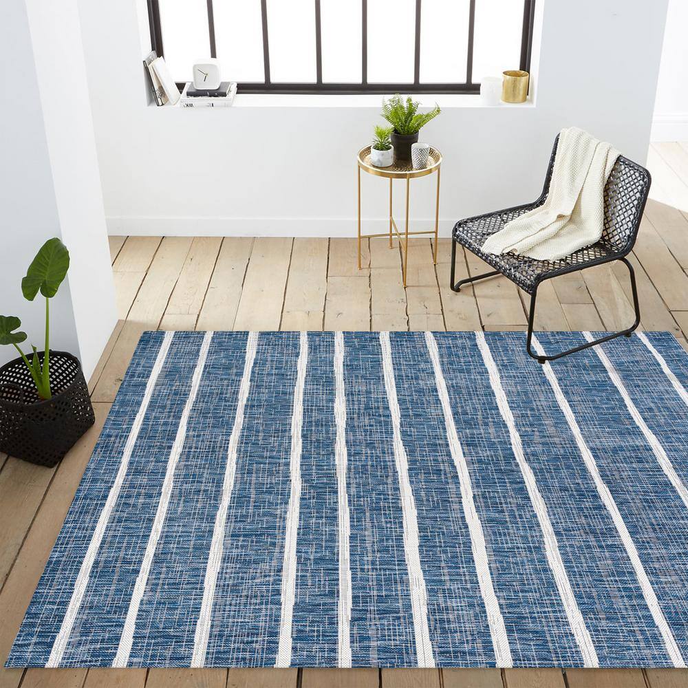 Blue and Ivory Striped Synthetic Reversible Area Rug
