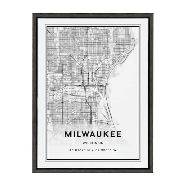 Kate and Laurel Sylvie Milwaukee Modern Map by Jake Goossen Framed Canvas Maps Art Print 18 in. x 24 in.