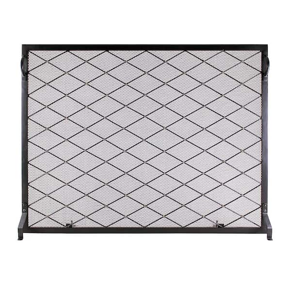 38 in. L Black and Brass 1-Panel Harlequin Flat Fireplace Screen with Diamond Pattern