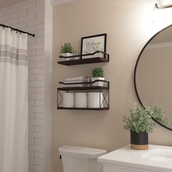 15.7 in. W x 6.7 in. D Brown Wood Bathroom Shelves Over Toilet Floating  Farmhouse Set of 2 Decorative Wall Shelf