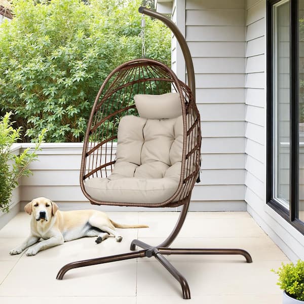1-Person 350 lbs. Capacity Foldable Brown Wicker Egg Porch Swing Chair with Steel Stand and Beige Cushion for Patio