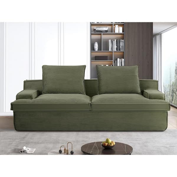 90.9 in. Square Arm Corduroy Rectangle Ergonomic Compressed Sofa in. Green