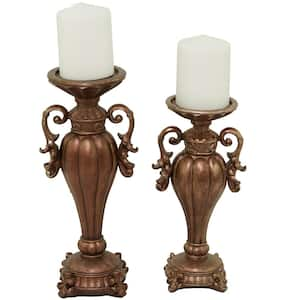 Brass Polystone Scroll Pillar Candle Holder (Set of 2)