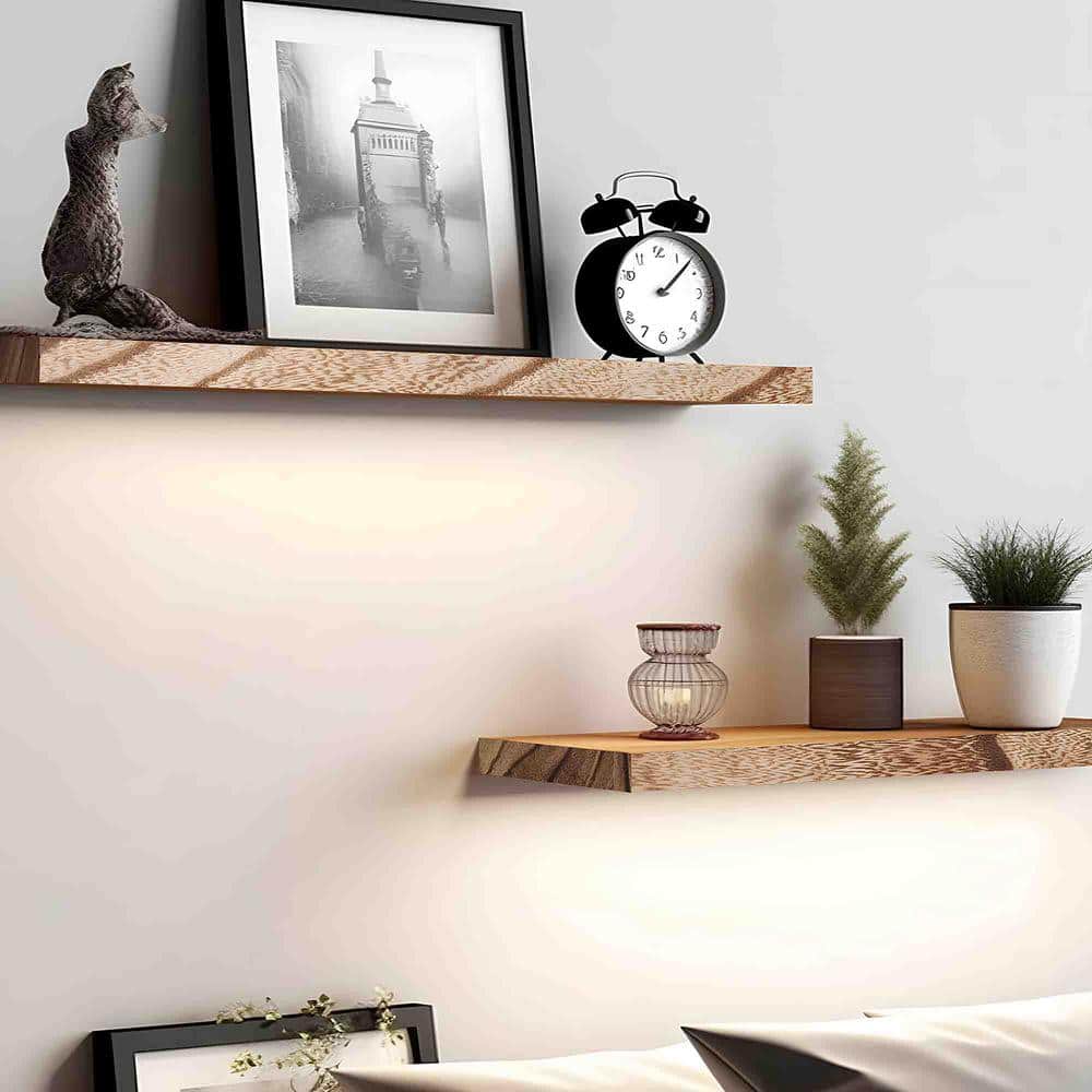 24 Inch Light Walnut Wood Floating Wall Shelves, Set of 4