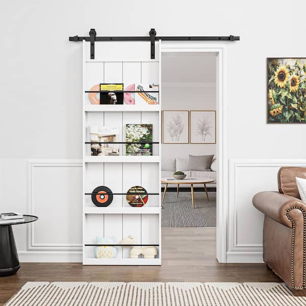 30 in. x 84 in. White Primed Composite MDF Storage Style Shelves Sliding Barn Door with Hardware Kit and Soft Close