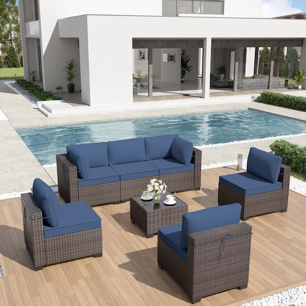 Leisure 7 Piece Rattan Sectional Seating Group with Cushions Latitude Run Cushion Color: Light Blue