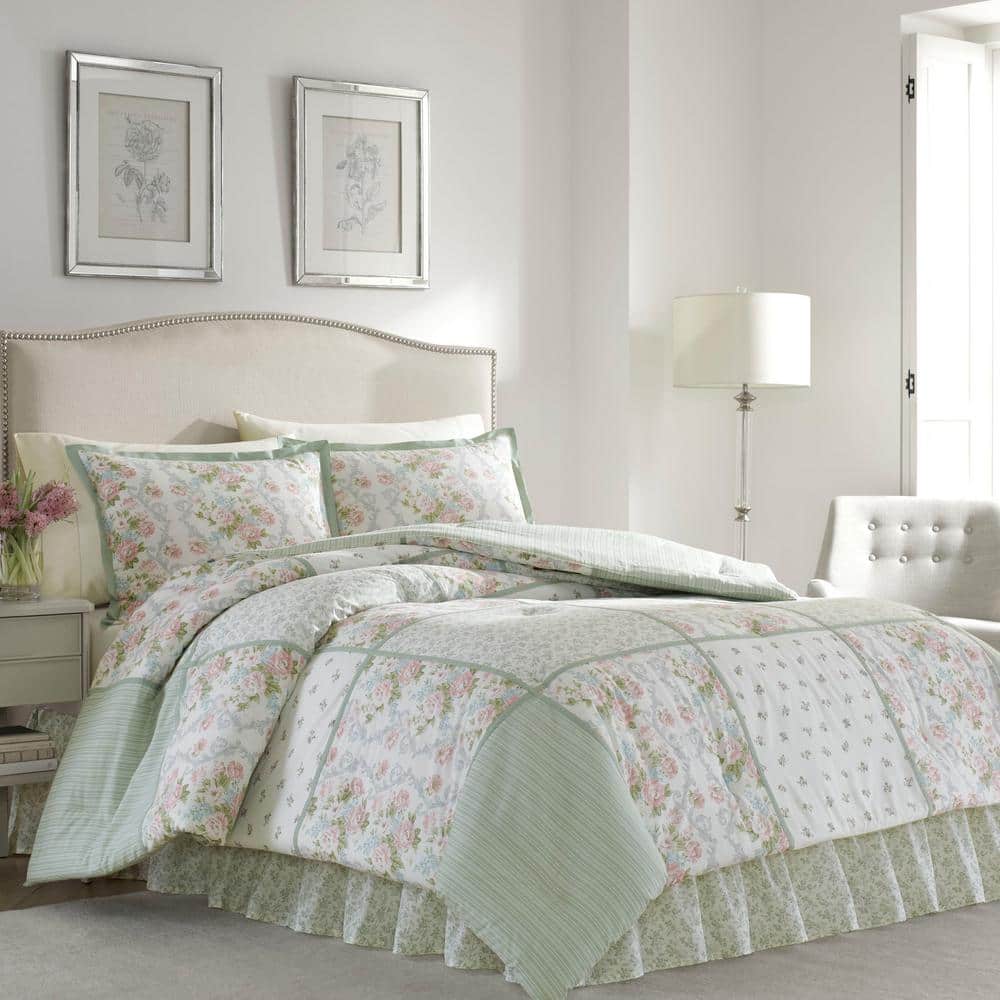 Laura Ashley Harper 4-Piece Jade Green Floral Cotton Queen Comforter Set - 2