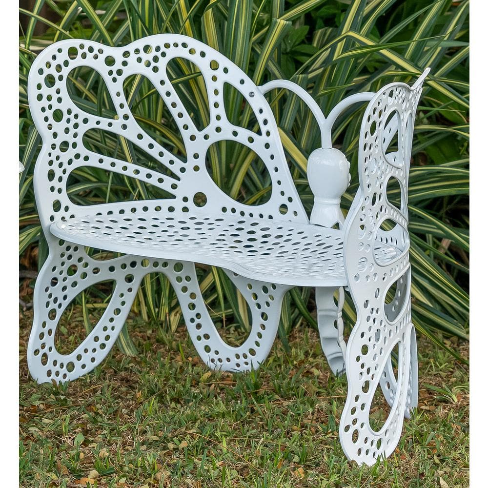 Whimsical White Aluminum Butterfly Garden Bench - 38in