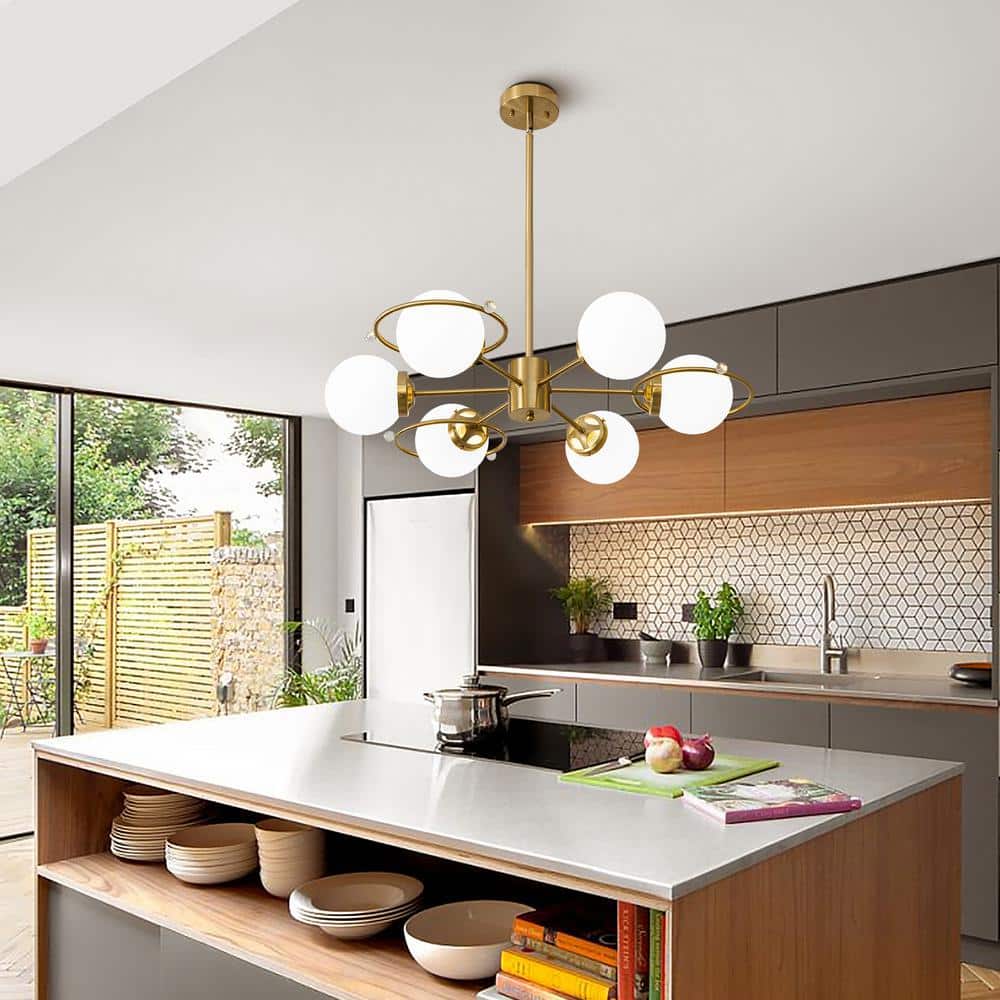 Gold Brass 6-Light Sputnik Chandelier with Milk Glass Shades