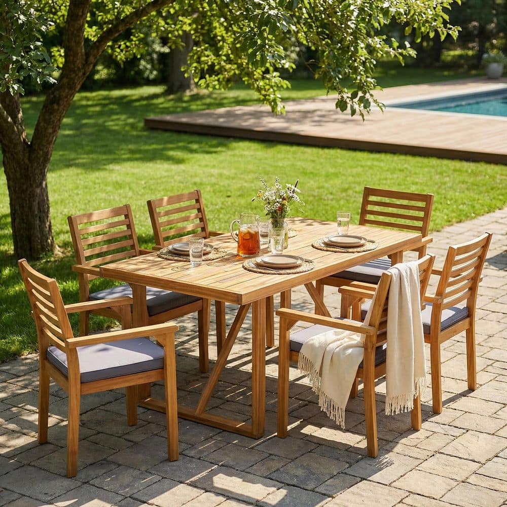 Xantiago 7-Piece Rectangle Brown Solid Wood Top Outdoor Dining Table Set with Gray Cushion Seats 6 price history on PriceWatchPro