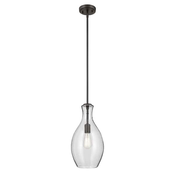 Everly 17.75 in. 1-Light Olde Bronze Modern Shaded Bell Kitchen Hanging Pendant Light with Clear Seeded Glass