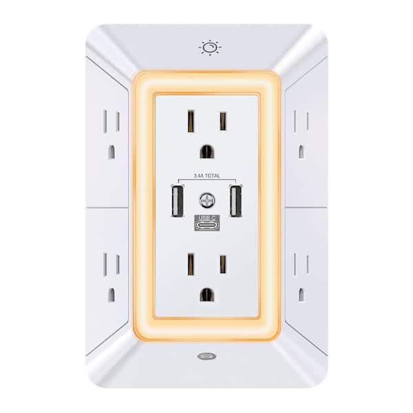 6-Outlet Extender with 3 USB-A Ports 1 USB-C Port Surge Protector with Night Light and Adapter Spaced Outlets