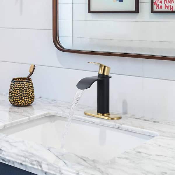 Single Handle Single Hole Bathroom Faucet with Pop-Up Drain Included in Gold and Black