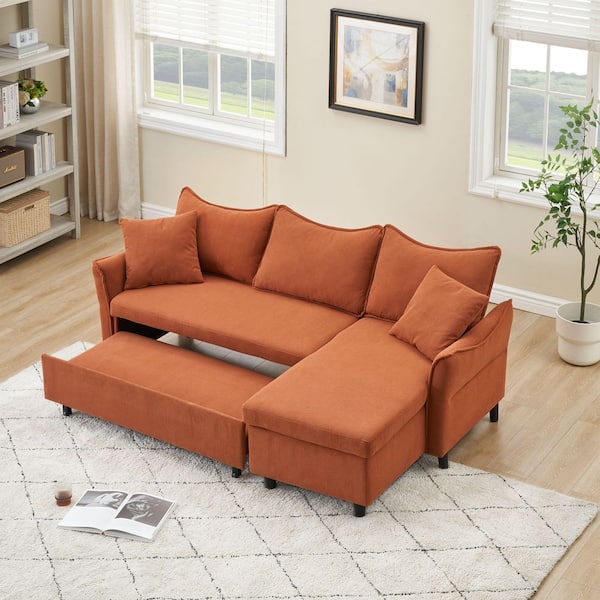 Orange 80 in. Corduroy Chenille L-Shaped 3-Seater Full Size Sofa Bed with Pull-Out Bed, 2 Throw Pillows and Storage