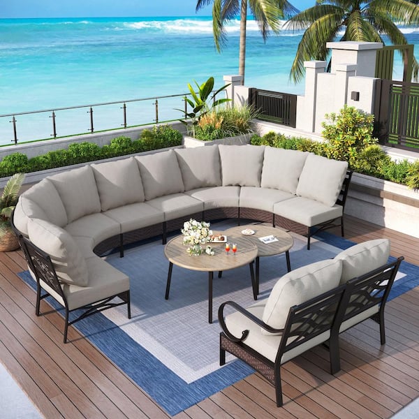 PHI VILLA Black 14-Piece Metal Outdoor Patio Conversation Seating Set with Beige Cushions and Two Side Table