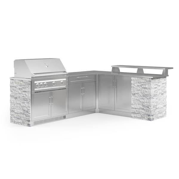 NewAge Products Signature Series Stainless Steel 8-Piece L Shape Outdoor Kitchen Cabinet Set with Liquid Propane Platinum 40 in. Grill