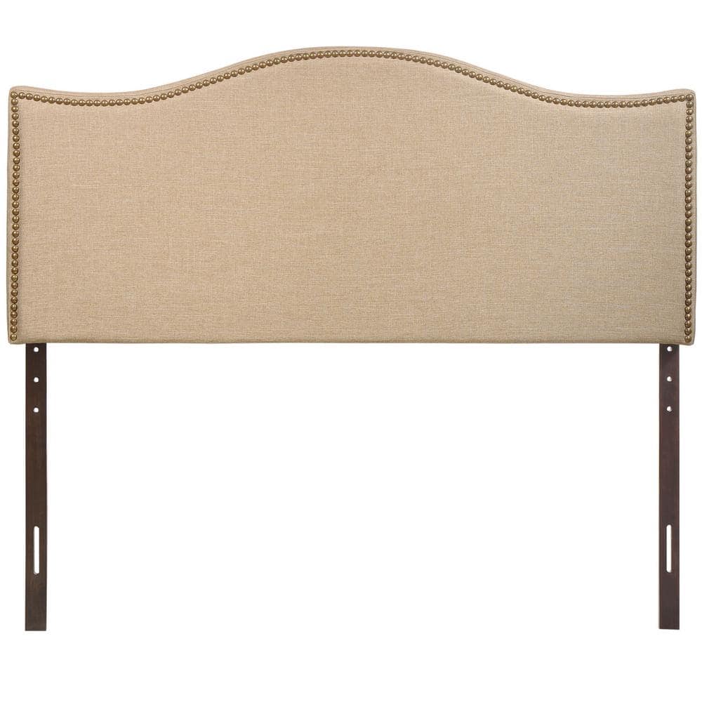 Beige Linen Upholstered Queen Headboard with Nailhead Trim