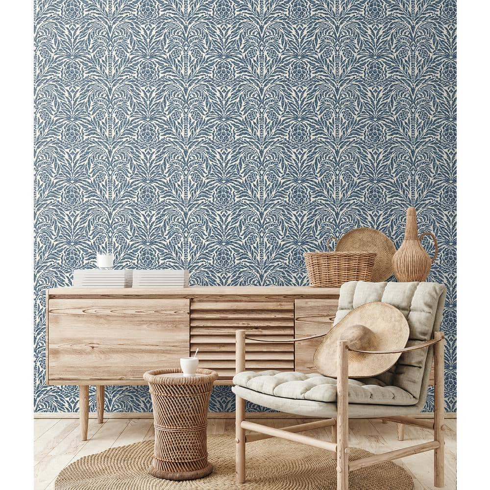 Indigo Damask Self-Adhesive Vinyl Peel and Stick Wallpaper Roll