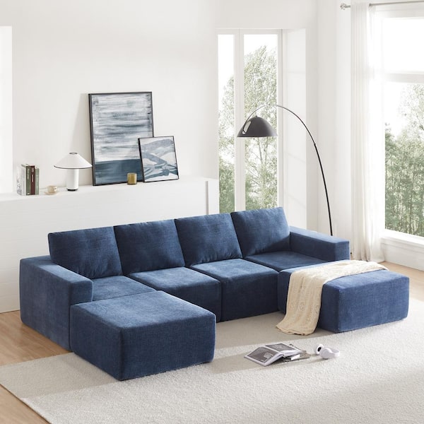 Harper & Bright Designs 110 in. Square Arm 6-seat Chenille U-shape Convertible Sectional Sofa in Navy Blue with 2 Ottoman, Free Combination