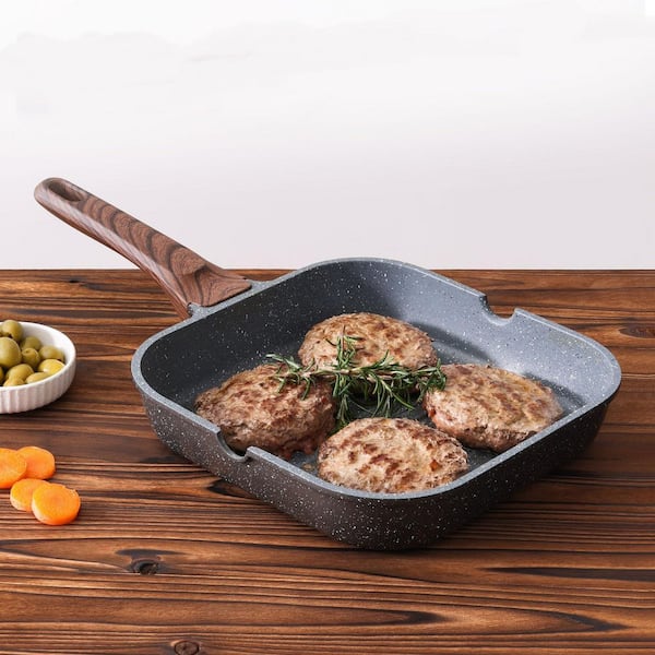 Wudkey 9.5 in. Gray Nonstick Ceramic Grill Pan, Square Grilling