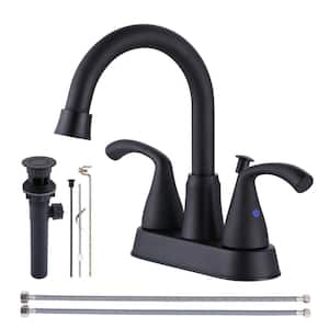 4 in. Center Set Double Handle Mid Arc Bathroom Faucet with Drain Included in Matte Black