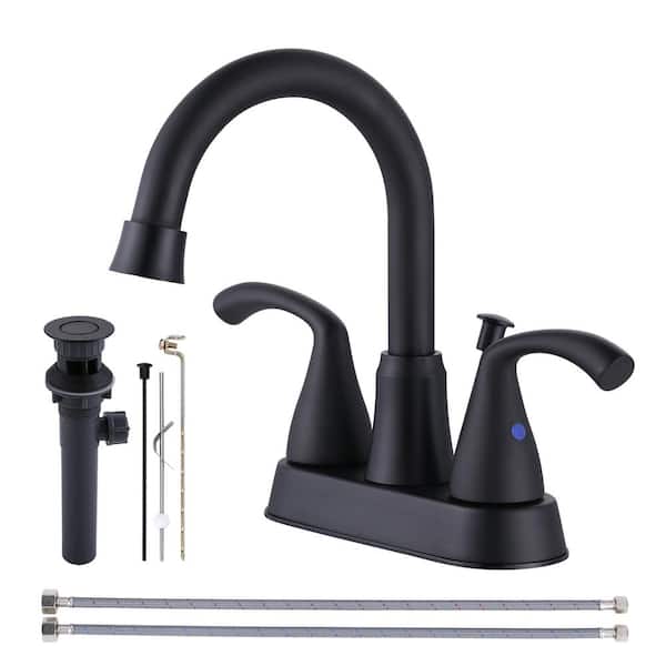 ARCORA 4 in. Center Set Double Handle Mid Arc Bathroom Faucet with Drain Included in Matte Black
