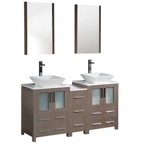 Torino 60 in. Double Vanity in Gray Oak with Glass Stone Vanity Top in White with White Basin and Mirrors