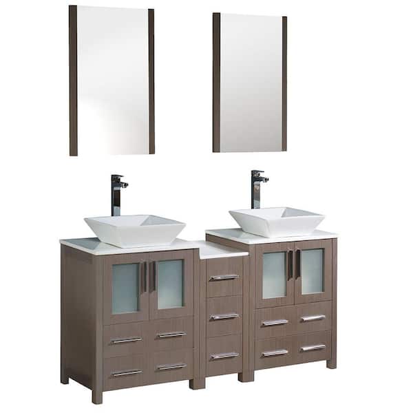Fresca Torino 60 in. Double Vanity in Gray Oak with Glass Stone Vanity Top in White with White Basin and Mirrors