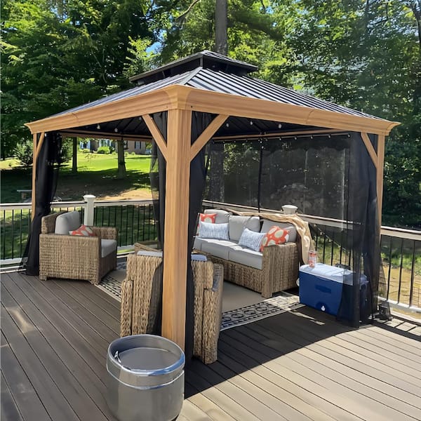 10 ft. x 12 ft.Wood Grain Aluminum Power-Coated Frame Galvanized Steel Double Roof Hardtop Gazebo,Hooks,Upgrade Netting