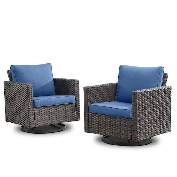 Brown Wicker Outdoor Rocking Chair, Patio Swivel Gliders with Navy Blue Cushions for Porch or Balcony (2-Pack)
