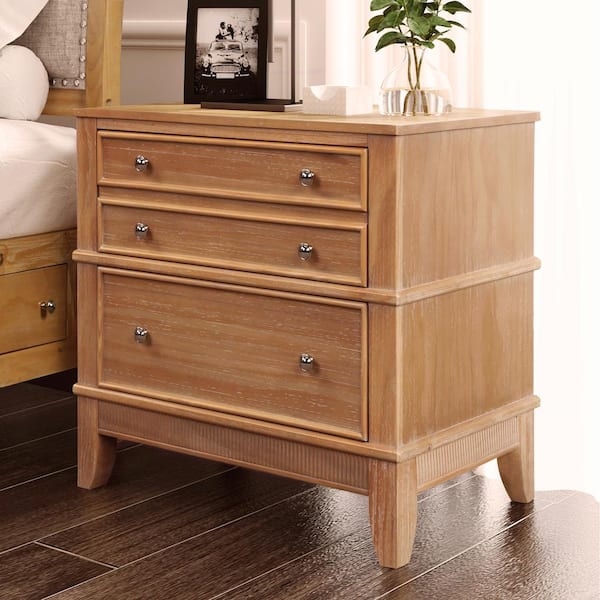 Qualler 3-Drawer Natural Nightstand (26 in. H x 27.3 in. W x 17.3 in. D)