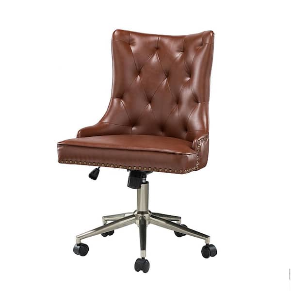 JAYDEN CREATION Herse Brown Tufted Nailhead Trim Faux Leather 18.5 in.-21.5 in. Adjustable Height Task Chair with with Metal Base